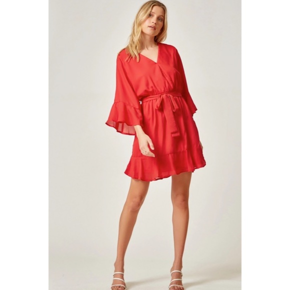 SOLD OUT Red Surplice 3/4 Bell Sleeve Woven Cocktail Flare Party Dress - Picture 6 of 6